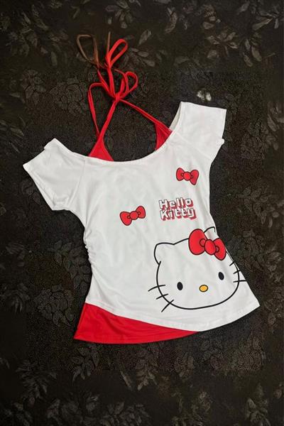 Beyaz Hello Kitty Ek Askılı Y2K Kısa Kollu Crop