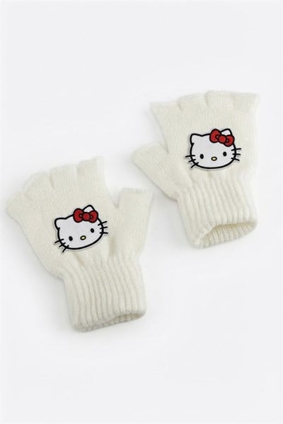Beyaz Hello Kitty Kesik Parmak Unisex Eldiven