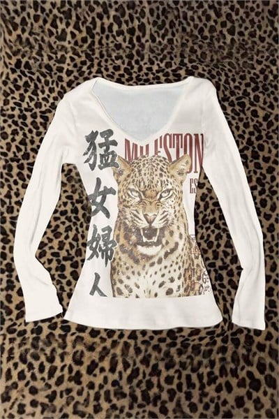 Beyaz Japenese Vintage Leopar Y2K Uzun Kollu Crop