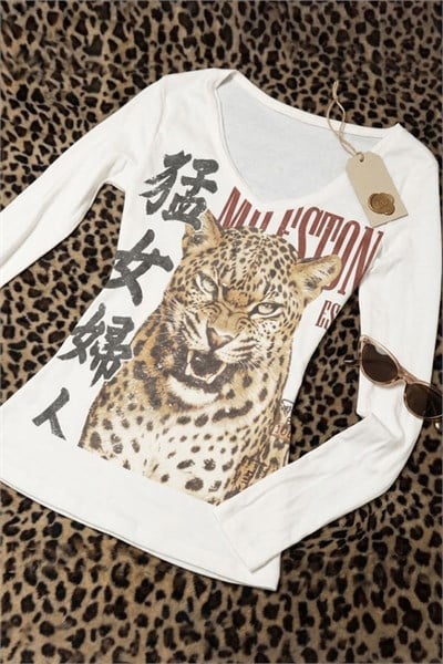 Beyaz Japenese Vintage Leopar Y2K Uzun Kollu Crop