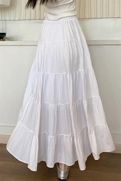Beyaz Katlamalı Kurdeleli Uzun Etek