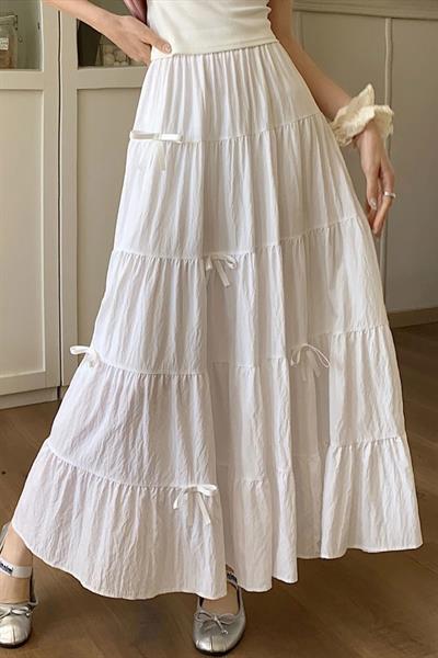 Beyaz Katlamalı Kurdeleli Uzun Etek