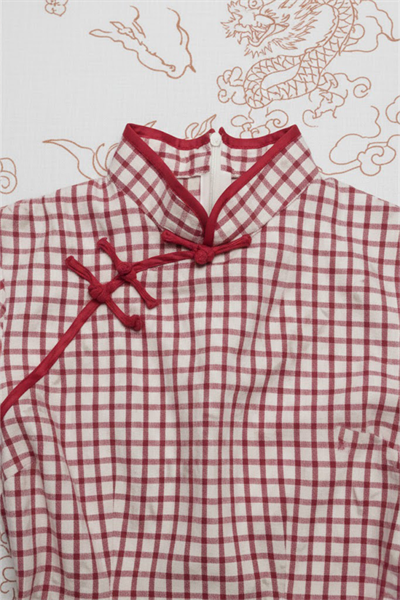 Beyaz Kırmızı Ekoseli Çin Yakalı Y2K Kısa Kollu Crop