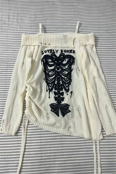 Beyaz Lovely Bones Gotik Y2K Uzun Kollu Off Shoulder