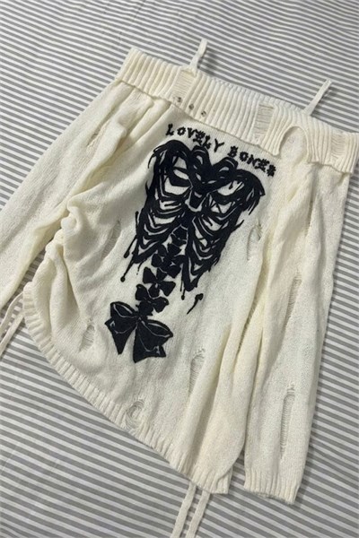 Beyaz Lovely Bones Gotik Y2K Uzun Kollu Off Shoulder