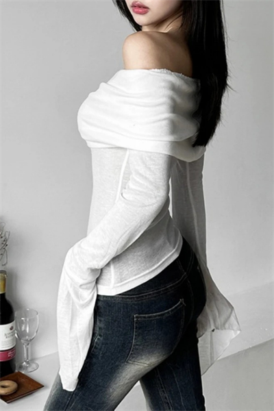 Beyaz Madonna Yaka İspanyol Kol Y2K Uzun Kollu Crop