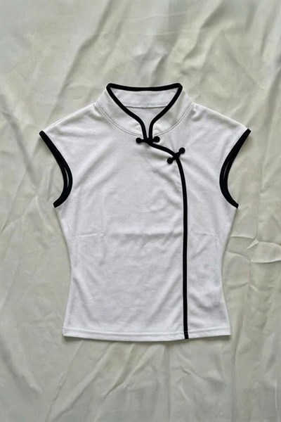 Beyaz Mandarin Yaka Siyah Şeritli Qipao Y2K Kısa Kollu Crop