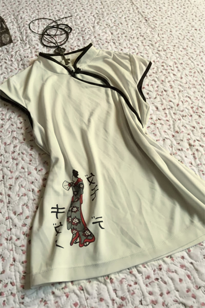 Ekru Mandarin Yaka Vintage Geisha Baskılı Y2K Kısa Kollu Crop