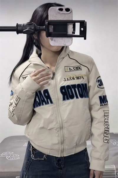 Beyaz Motor Racer Retro Y2K Unisex Ceket