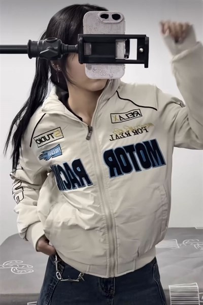 Beyaz Motor Racer Retro Y2K Unisex Ceket