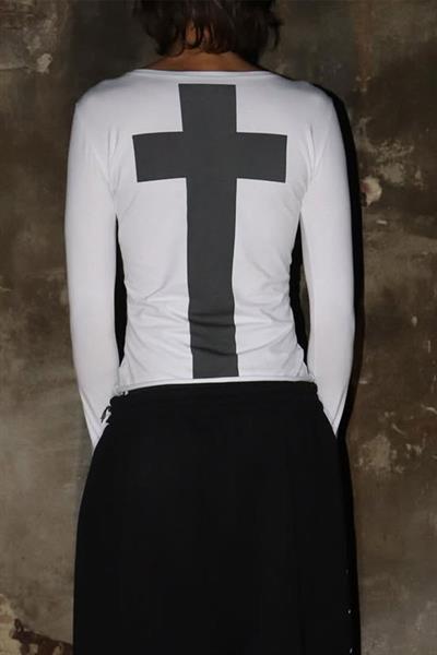 Beyaz My Vibe Cross Sırt  Baskılı Y2K Uzun Kollu Crop