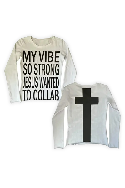 Beyaz My Vibe Cross Sırt  Baskılı Y2K Uzun Kollu Crop