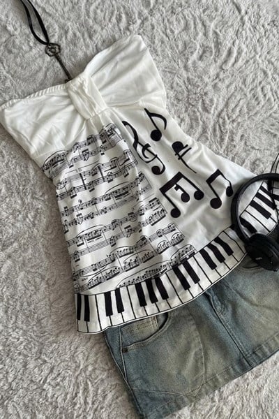 Beyaz Nota Desenli Piano Detaylı Y2K Straplez Crop