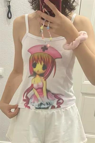 Beyaz Nurse Senpai Girl Y2K Askılı Crop