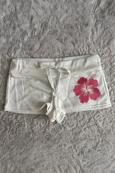Beyaz Pembe Hibiskus Çiçeği İpli Y2K Mini Şort