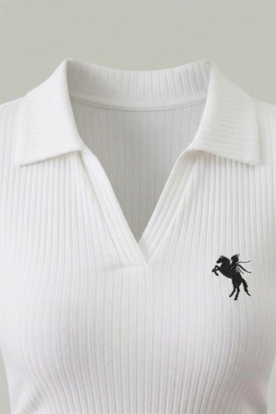 Beyaz Polo Ribana Y2K Çıtçıtlı Body