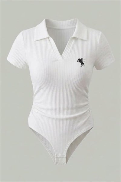 Beyaz Polo Ribana Y2K Çıtçıtlı Body