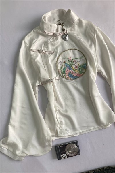 Beyaz Qipao Nakış Deatylı Y2K Uzun Kollu Crop