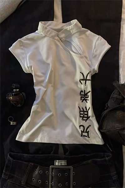 Beyaz Qipao Vintage Pencere Detaylı Y2K Kısa Kollu Crop