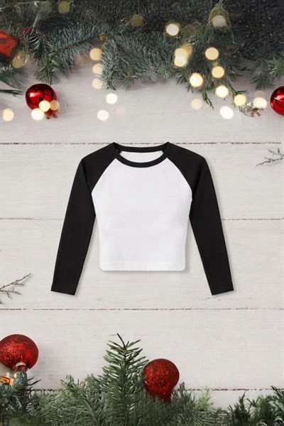 Beyaz Raglan Crop Siyah Kollu Pijama Takımı