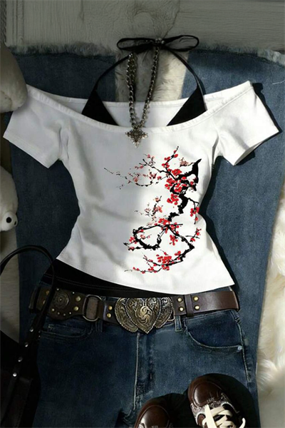 Beyaz Sakura Ek Askılı Y2K Kısa Kollu Crop