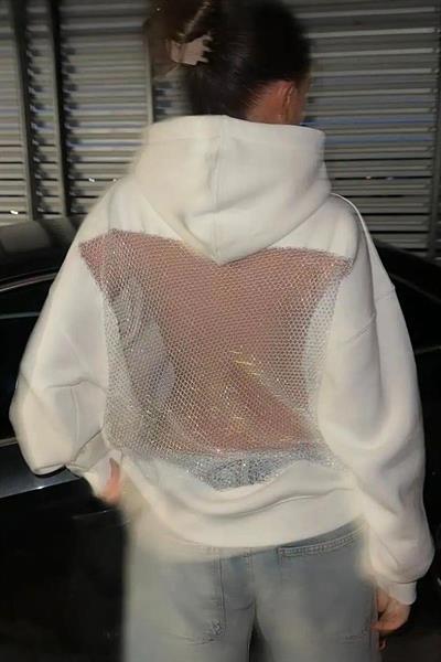 Beyaz Sırtı Fileli Taşlı Transparan Kapüşonlu Sweatshirt