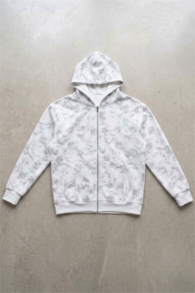 Beyaz Sisli Streetwear Kapüşonlu Unisex Hırka