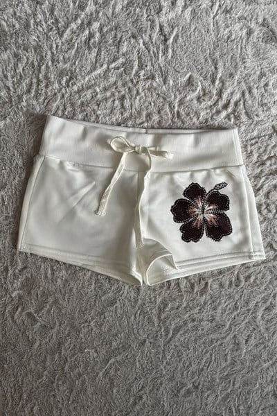 Beyaz Siyah Hibiskus Çiçeği İpli Y2K Mini Şort