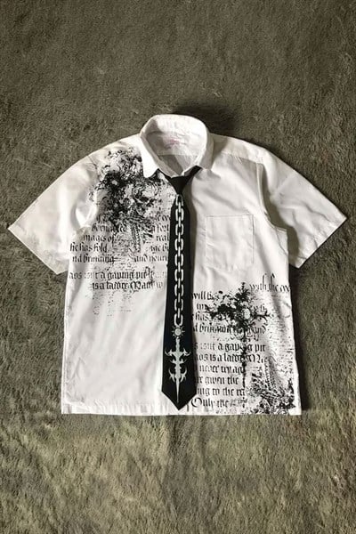 Beyaz Skull Gotik Siyah Kravat Zincir Baskılı Grunge Y2K Unisex Gömlek