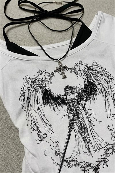 Beyaz Sword Warriror Angel Madonna Yaka Ek Askılı Full Body Y2K Kısa Kollu Crop