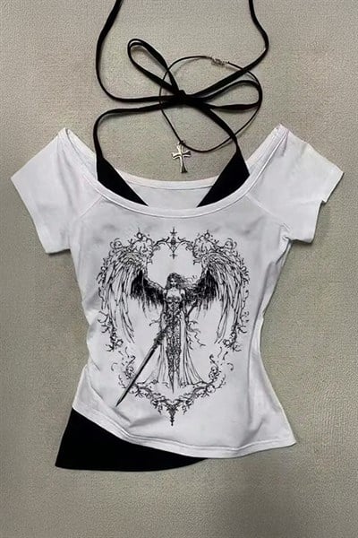 Beyaz Sword Warriror Angel Madonna Yaka Ek Askılı Full Body Y2K Kısa Kollu Crop