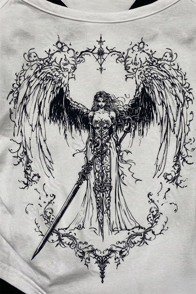 Beyaz Sword Warriror Angel Madonna Yaka Ek Askılı Full Body Y2K Kısa Kollu Crop