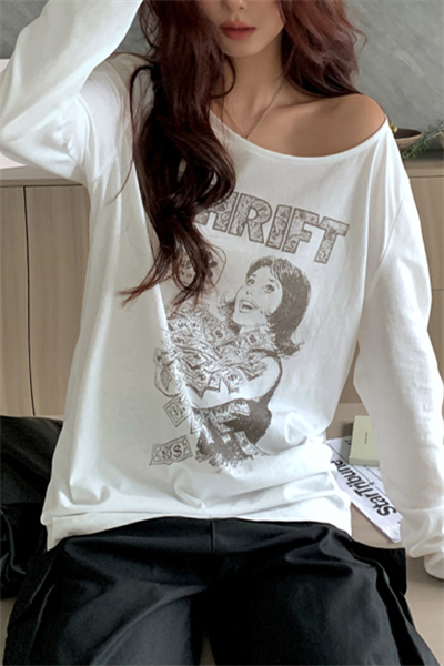 Beyaz Thrift Geniş Yaka Y2K Uzun Kollu Crop