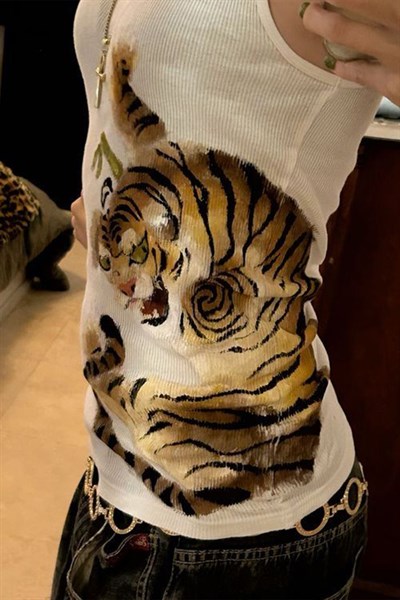 Beyaz Tiger Vintage Ribanalı Y2K Askılı Crop