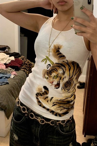 Beyaz Tiger Vintage Ribanalı Y2K Askılı Crop