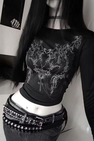 Siyah Tribal Cross Gotik Y2K Uzun Kollu Crop