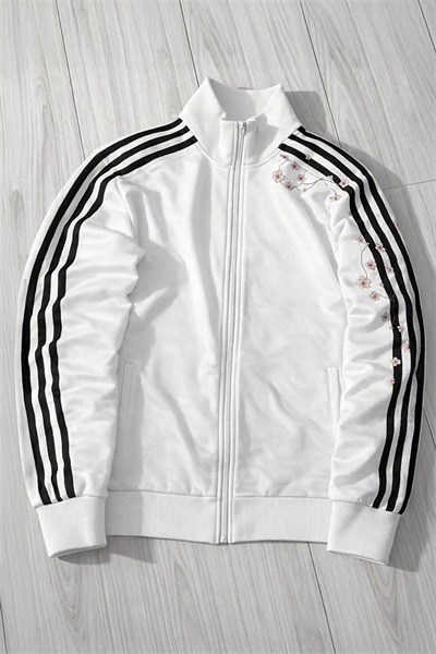 Beyaz Üç Şeritli Sakura Ağacı Y2K Unisex Hırka