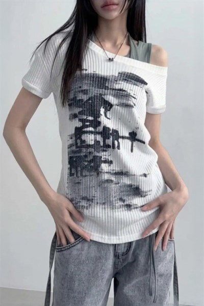 Beyaz Vintage Lost Omuz Dekolteli Y2K Kısa Kol Off-Shoulder T-Shirt
