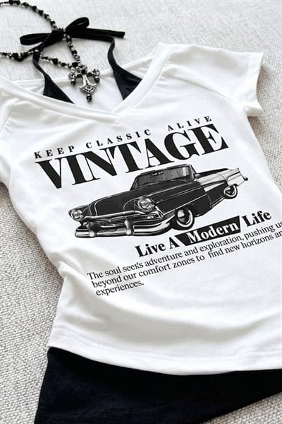 Beyaz Vintage Modern Life Ek Askılı Y2K Kısa Kollu Crop