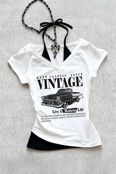 Beyaz Vintage Modern Life Ek Askılı Y2K Kısa Kollu Crop