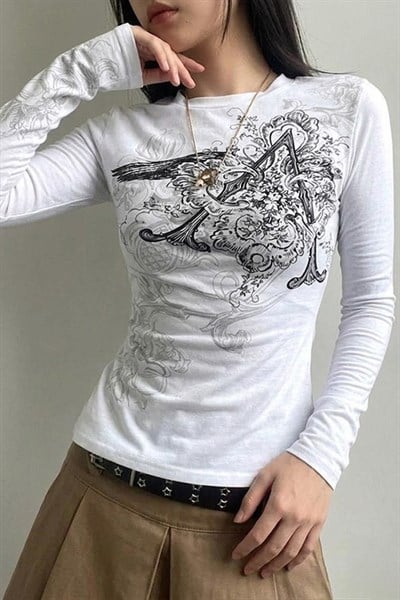 Beyaz Vintage Punk Patterned Harajuku Y2K Uzun Kollu Crop