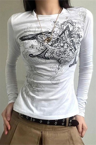 Beyaz Vintage Punk Patterned Harajuku Y2K Uzun Kollu Crop