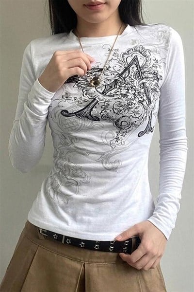 Beyaz Vintage Punk Patterned Harajuku Y2K Uzun Kollu Crop