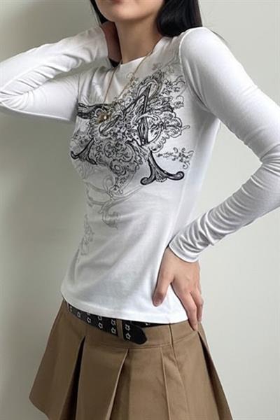 Beyaz Vintage Punk Patterned Y2K Uzun Kollu Crop