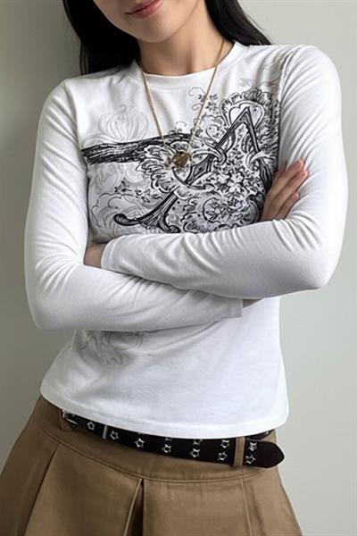 Beyaz Vintage Punk Patterned Y2K Uzun Kollu Crop