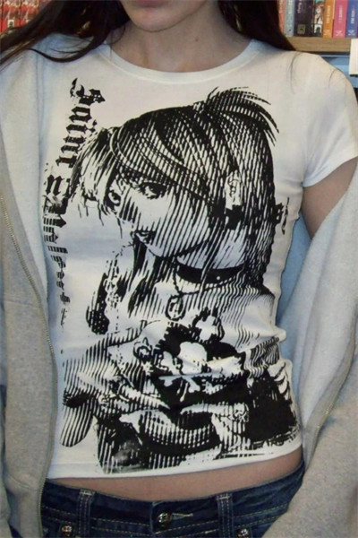 Beyaz Vintage Anime Misa Amane Saint Gotik Y2K Kısa Kollu Crop