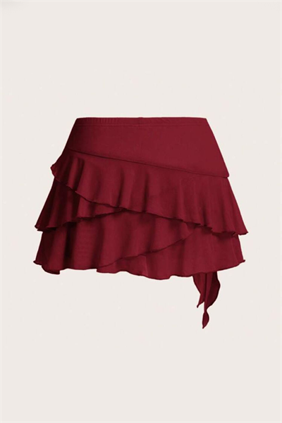 Bordo Bohem Katlı Fiyonklu Y2K Mini Etek