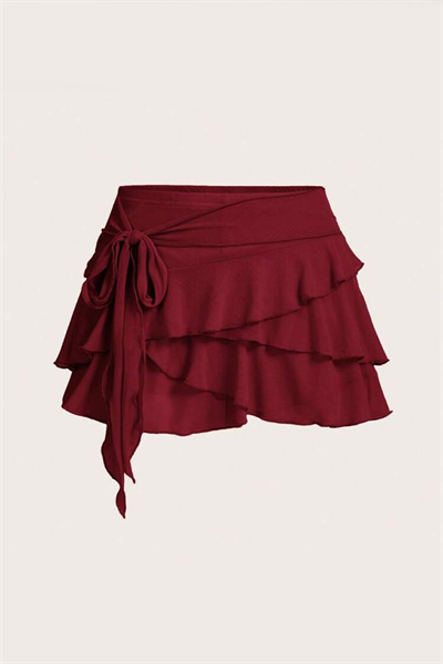 Bordo Bohem Katlı Fiyonklu Y2K Mini Etek