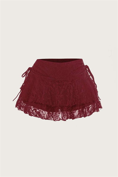 Bordo Coquette Katlı Fiyonklu Dantel Detaylı Y2K Mini Etek