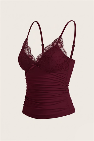 Bordo Dantel Detaylı Fiyonklu Y2K Askılı Crop